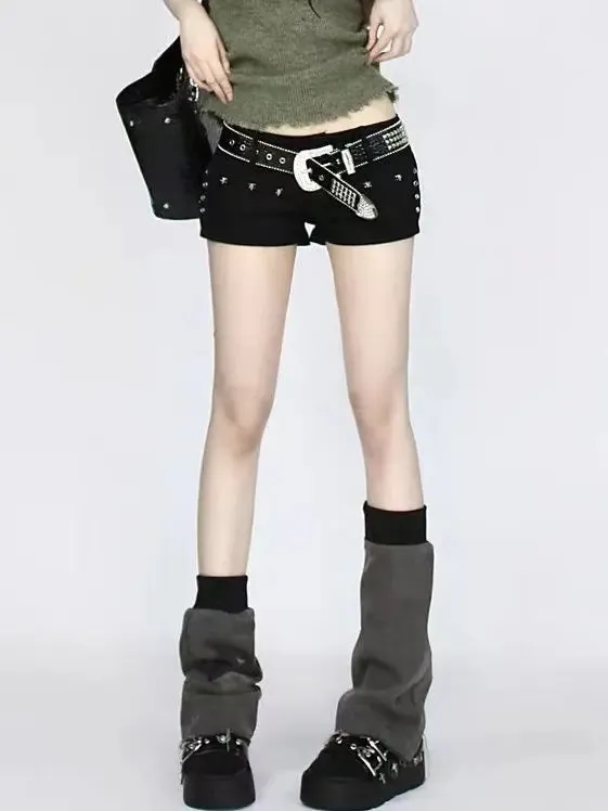 American Retro Streetwear Low Waist Rivets Decor Tight Fit Shorts for Women