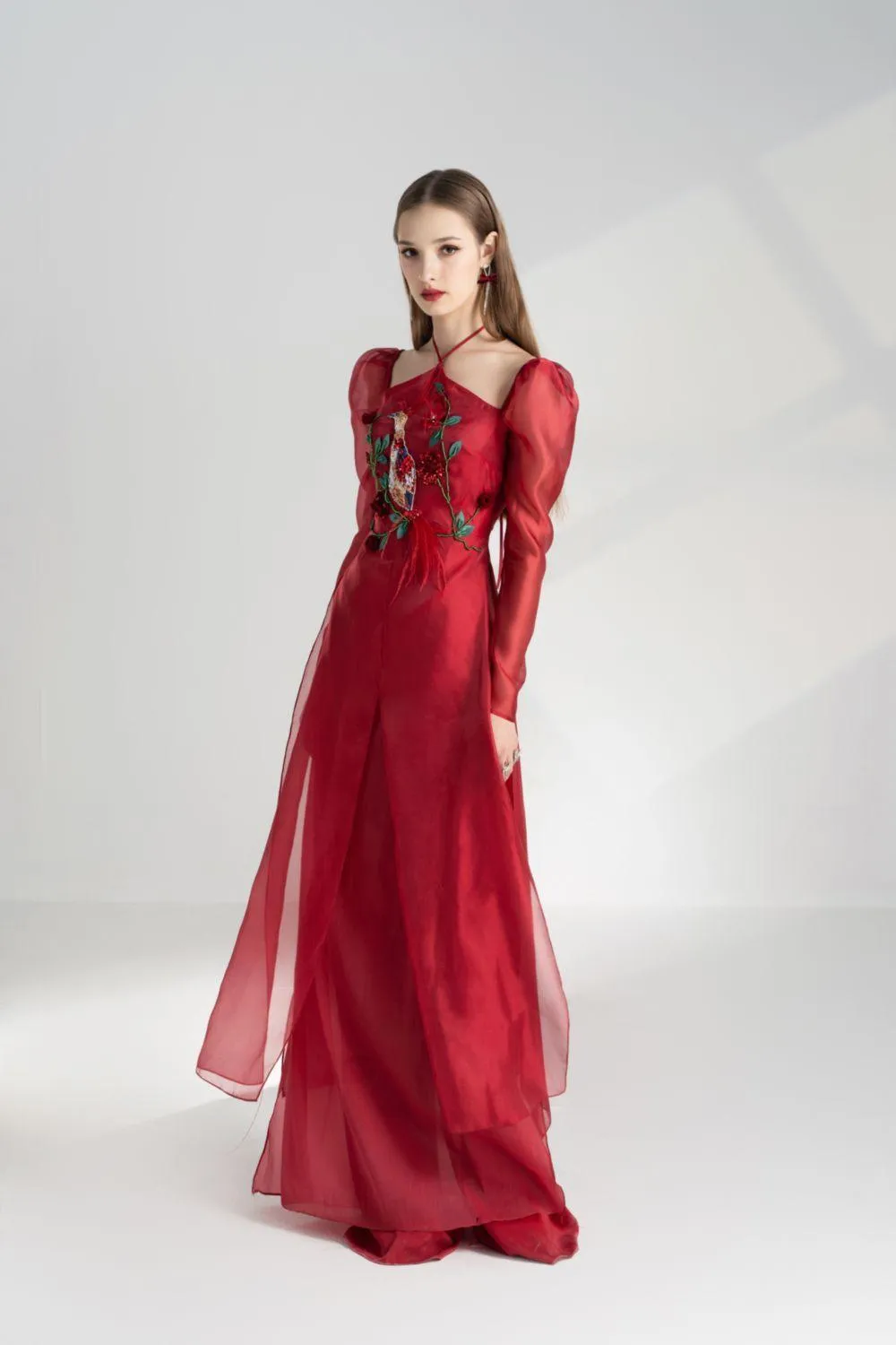 Annie A-line Puffy Sleeved Silk Organza Floor Length Ao Dai