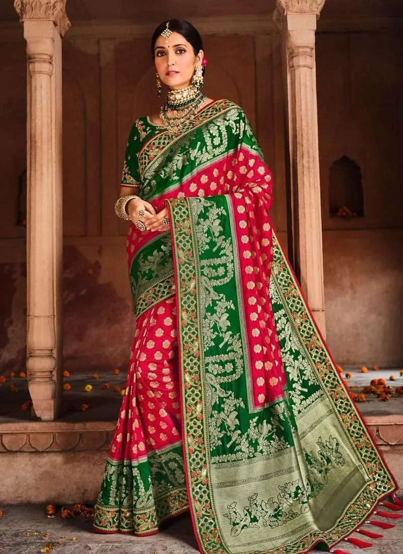 Astonishing Look Green And Pink Color Silk Base Silk Weave Saree