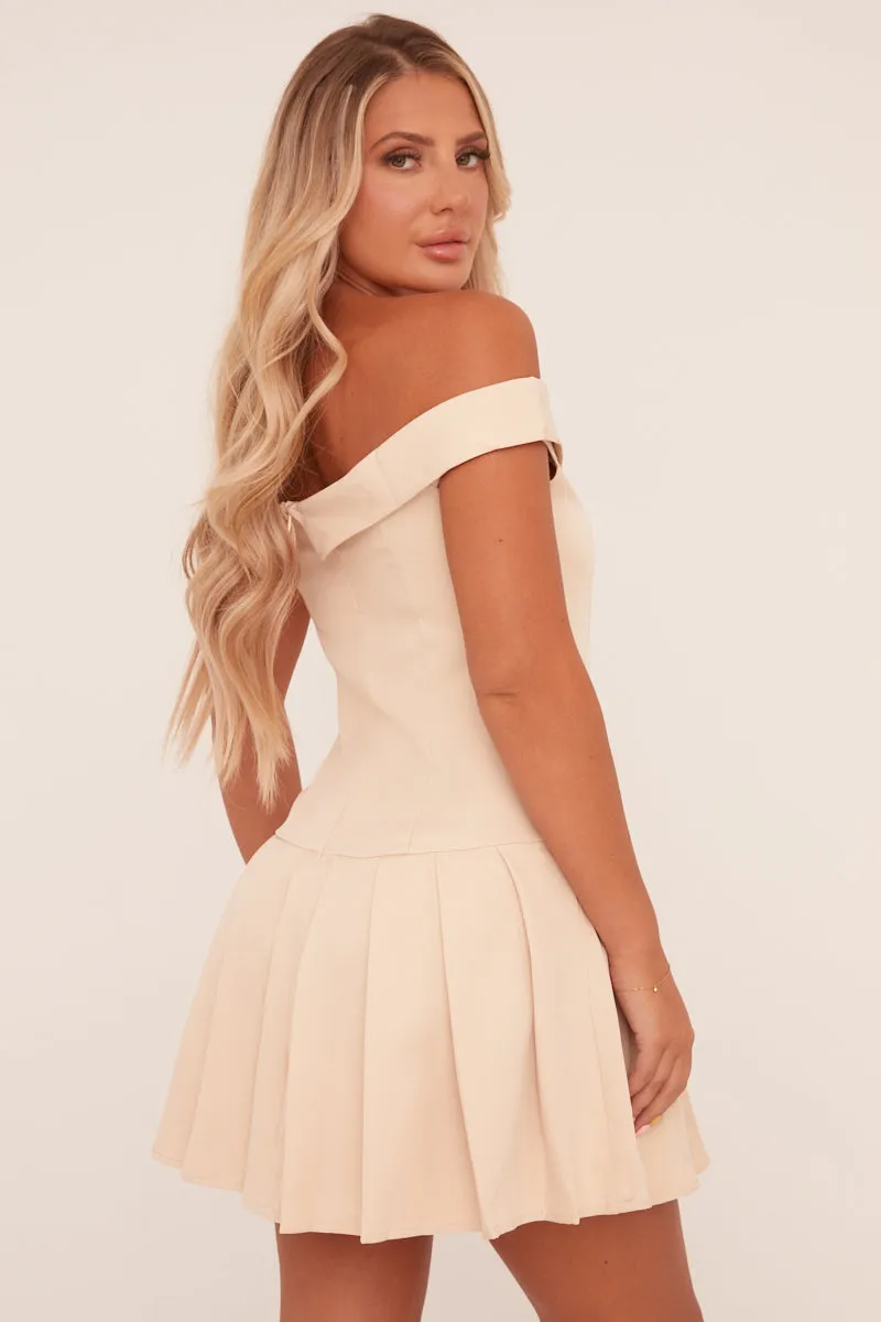 Beige Bardot Pleated Tailored Blazer Dress - Elmina