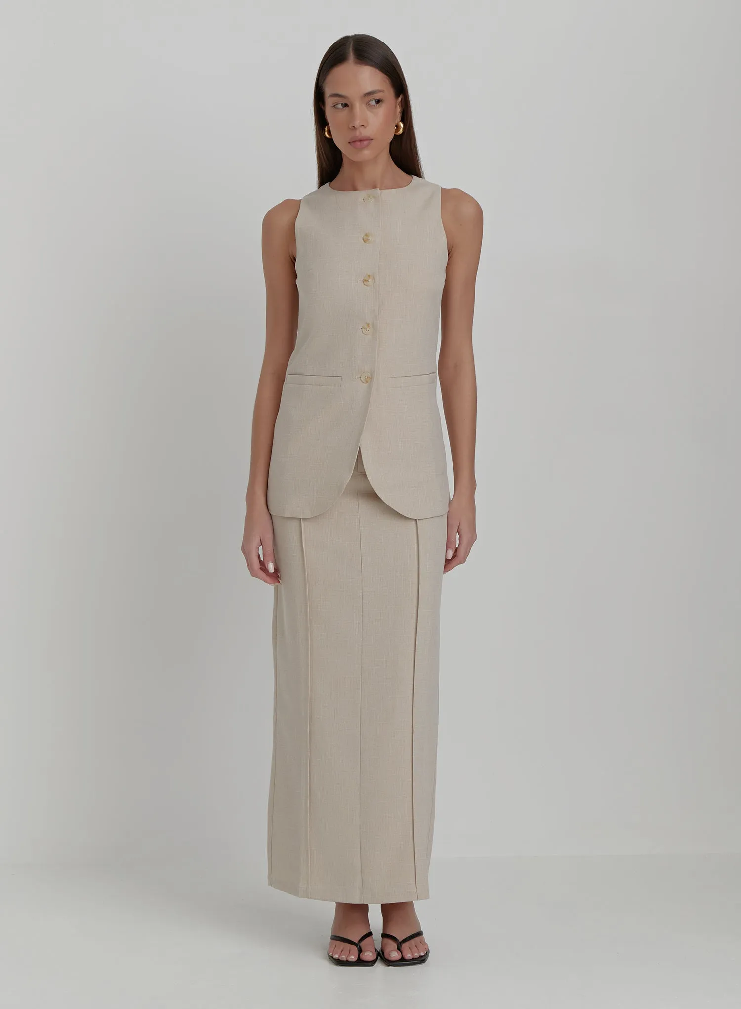 Beige Tailored Longline Waistcoat- Marcallo