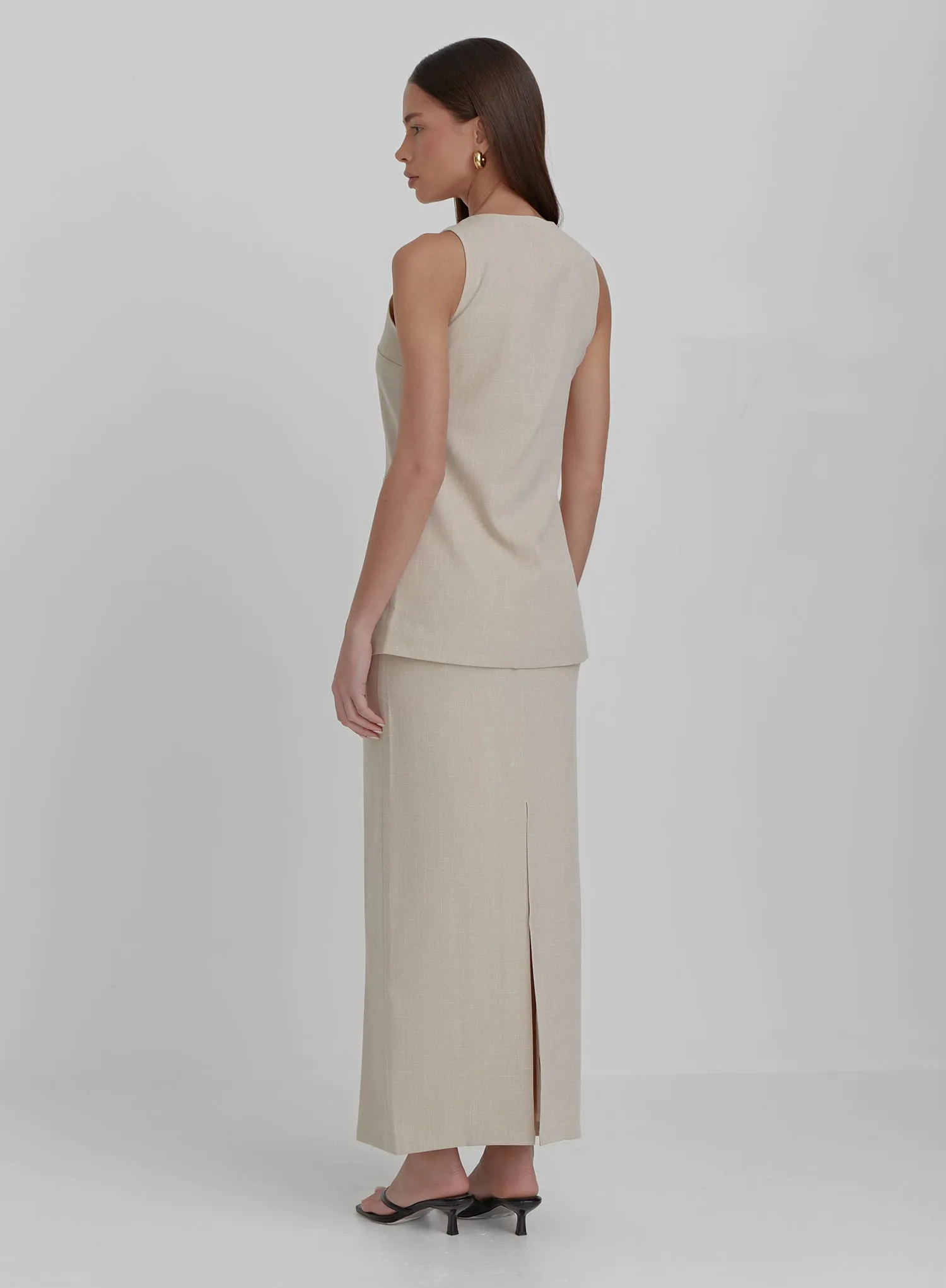 Beige Tailored Longline Waistcoat- Marcallo