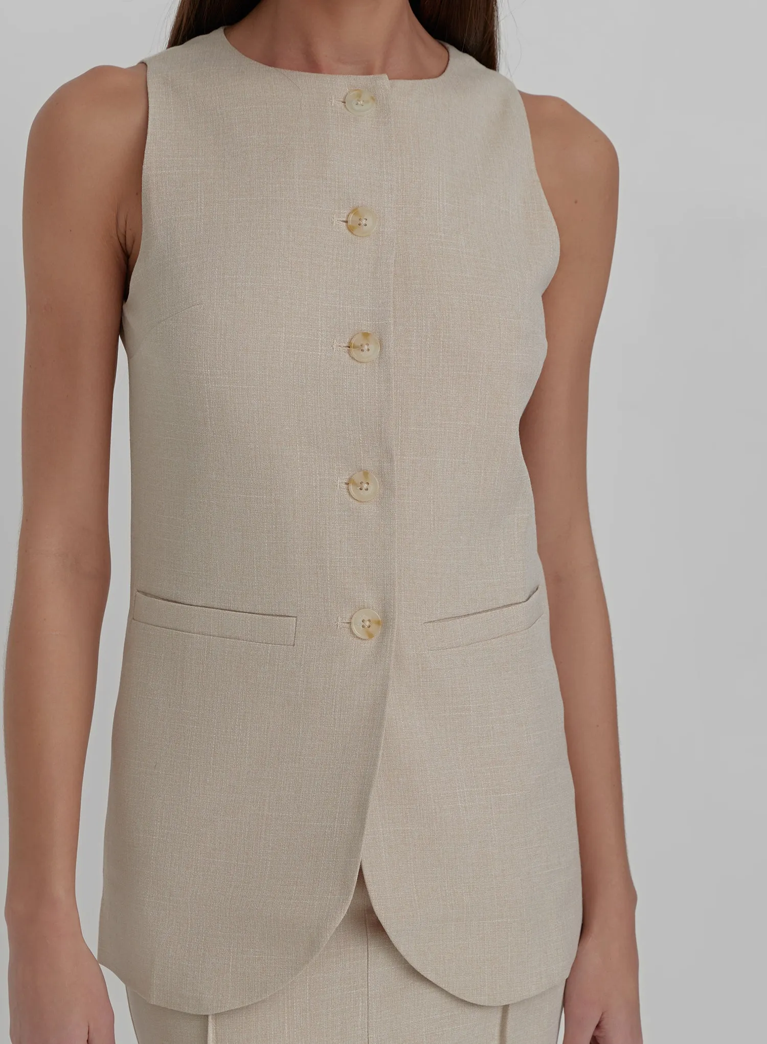 Beige Tailored Longline Waistcoat- Marcallo