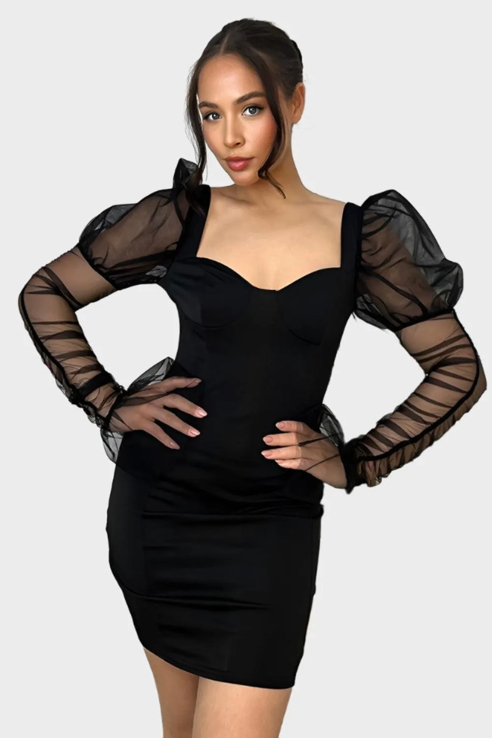 Black Chiffon Sleeves Bodycon Milkmaid Dress