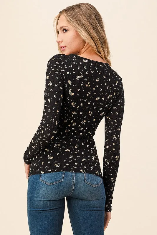 Black Ditsy Flower Thermal Long Sleeve Top