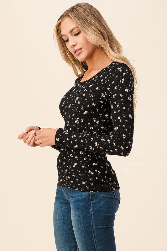 Black Ditsy Flower Thermal Long Sleeve Top