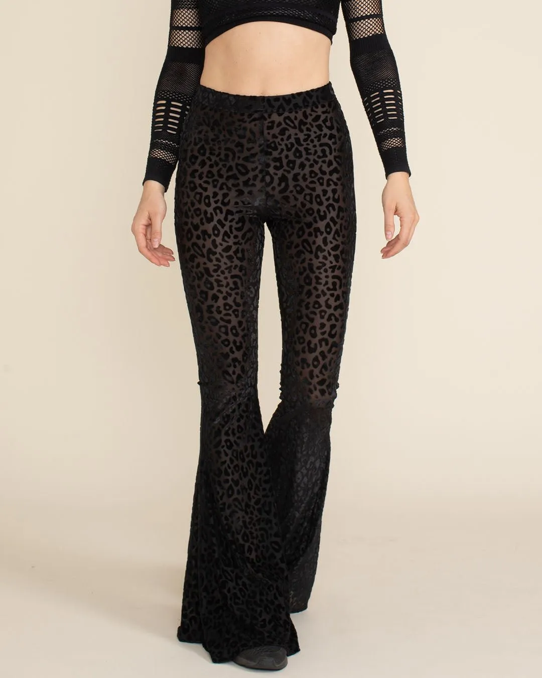 Black Leopard Burnout Velvet Flare Pants | Women's