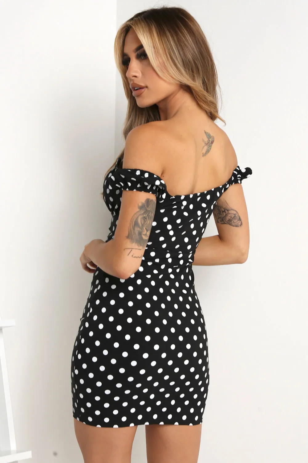 Black Polka Dot Bardot Bodycon Dress