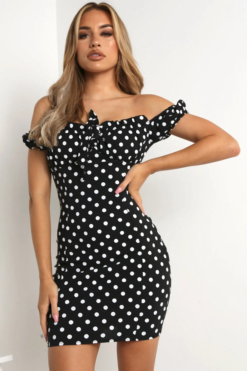 Black Polka Dot Bardot Bodycon Dress