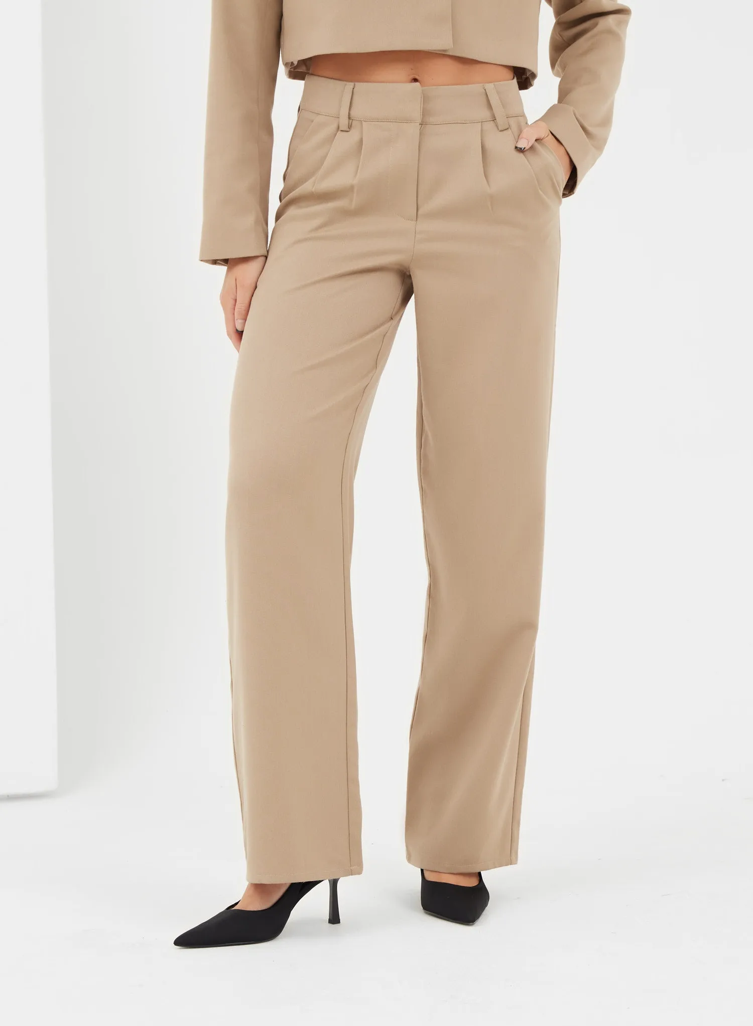 Camel Wide Leg Tailored Trousers - Crawford