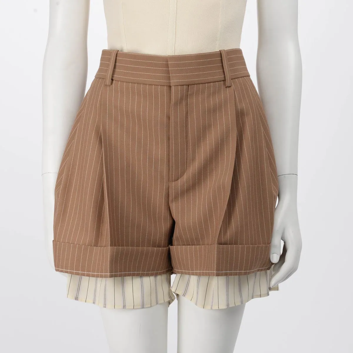 Chloe Brown Pinstriped Silk Trim Shorts FR 40