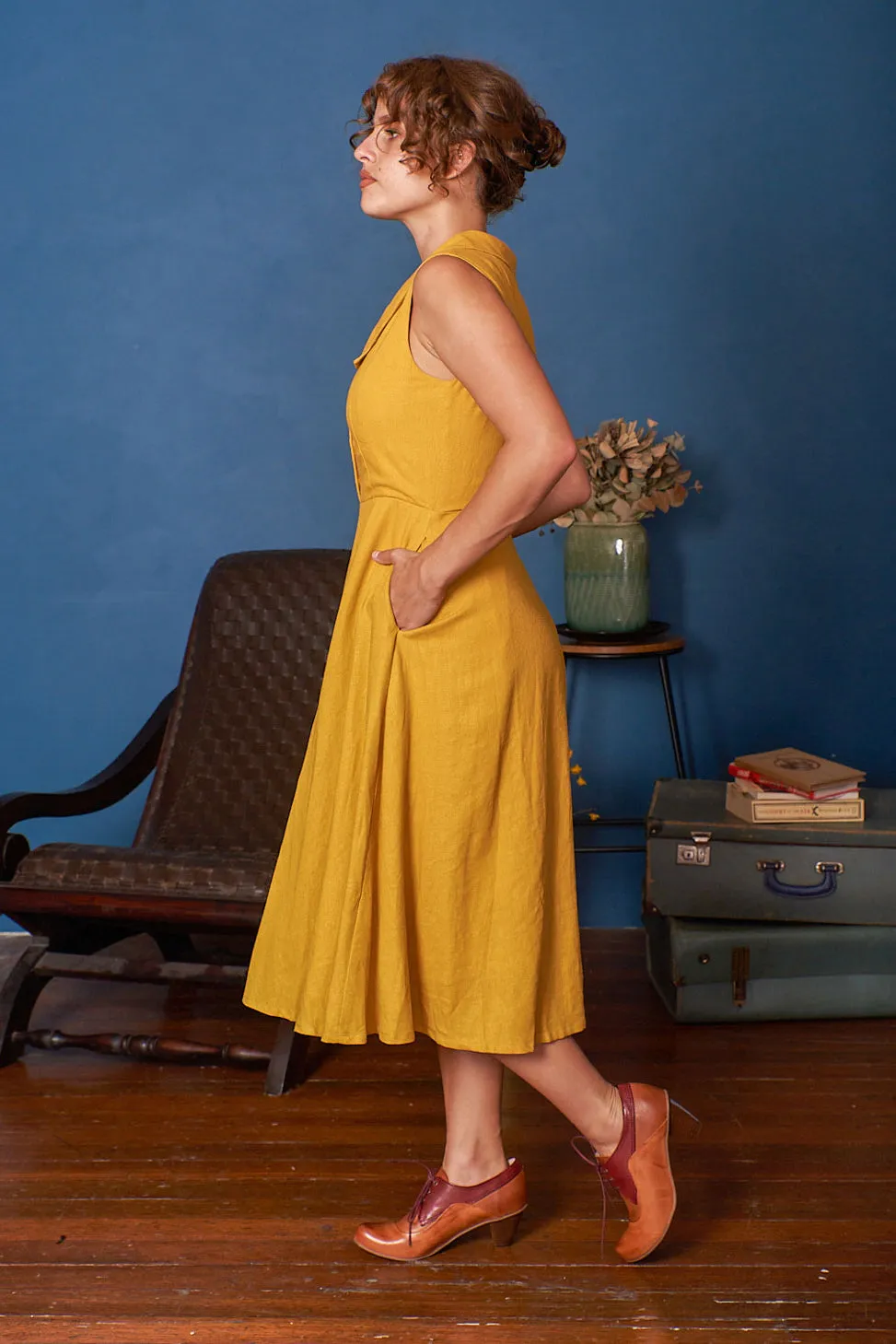 Evangeline Mustard Linen Dress