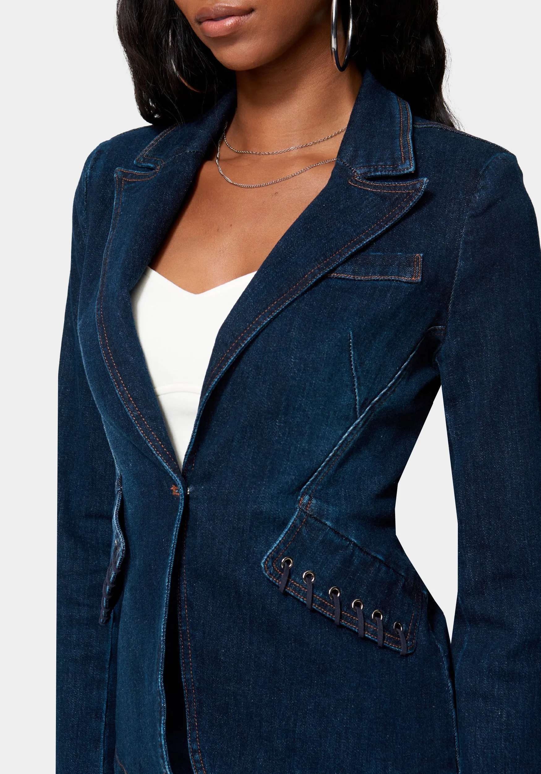 Eyelet Trim Tailored Denim Jacket