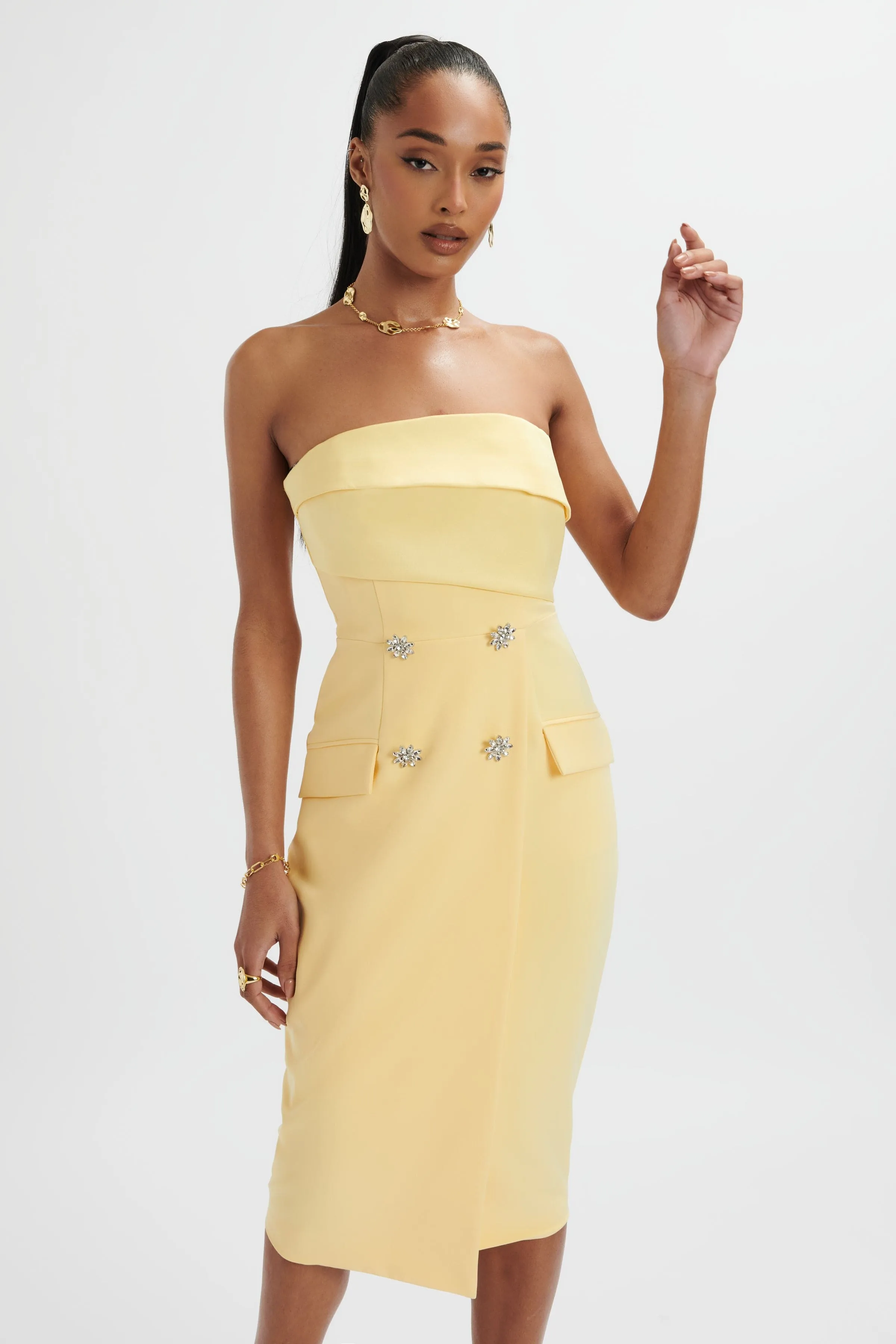 FLUER Bandeau Tailored Midi Dress In Pastel Yellow