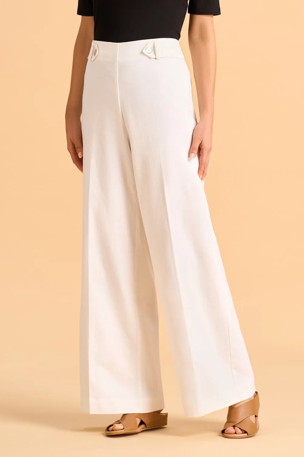 Full Length Waist Tab Linen Pant - White