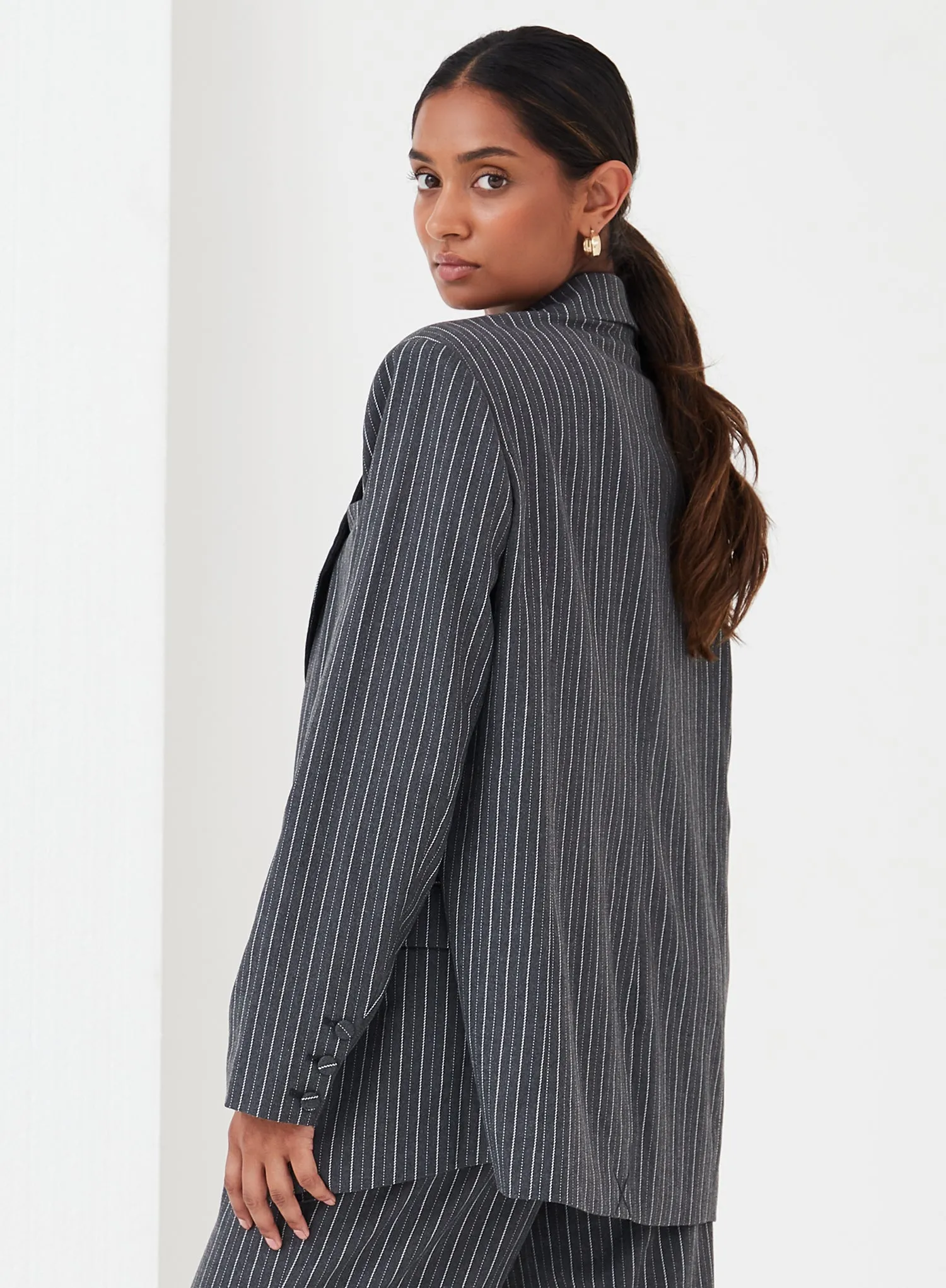 Grey Pinstripe Tailored Blazer - Freja