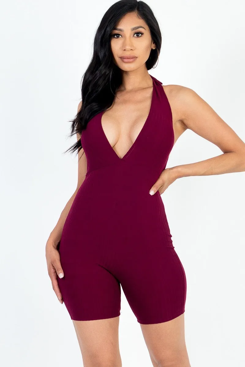 Halter V Neck Ribbed Bodycon Romper