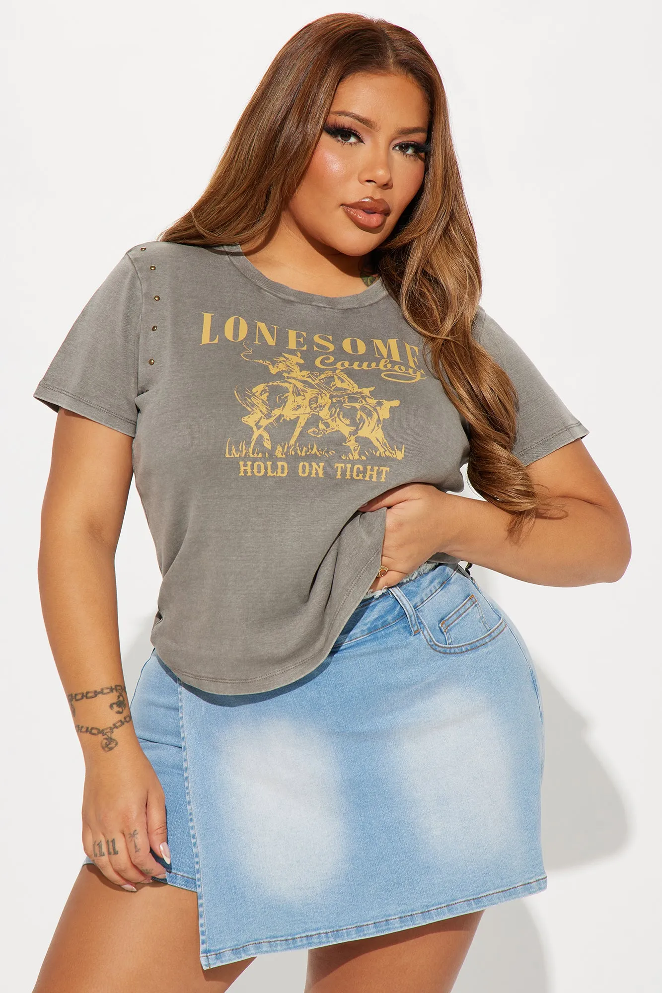 Hold On Tight Cowboy Studded Tee - Charcoal/combo