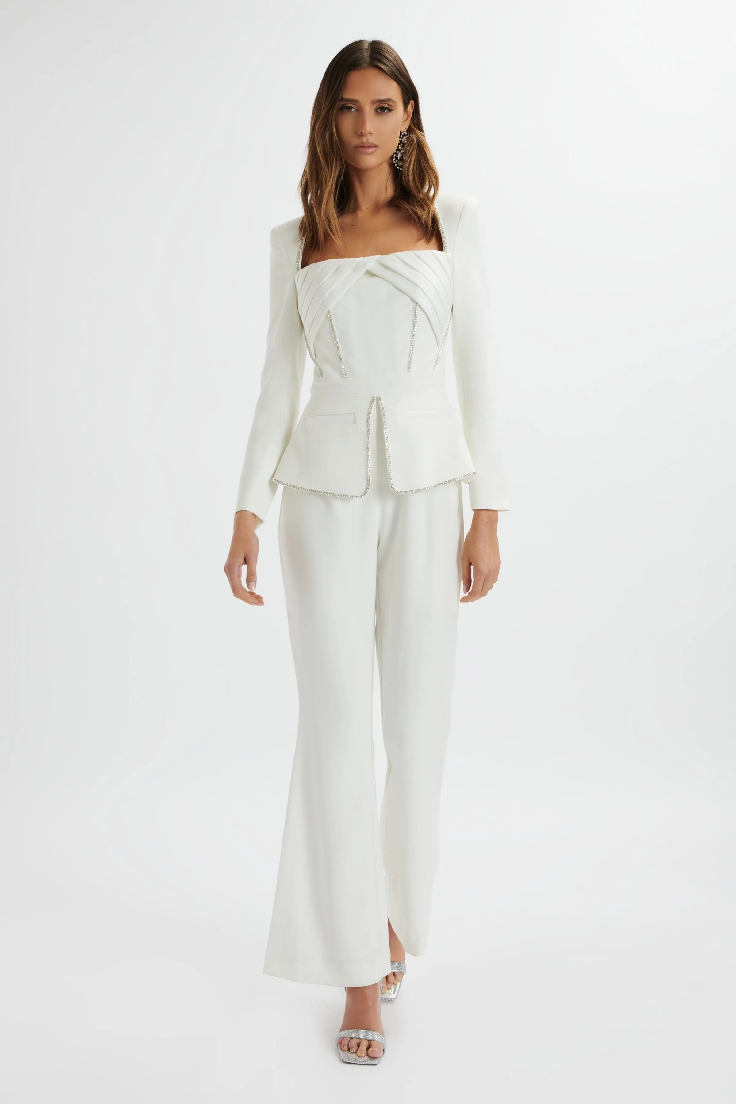 JESSIE Diamante Trim Tailored Jumpsuit In White