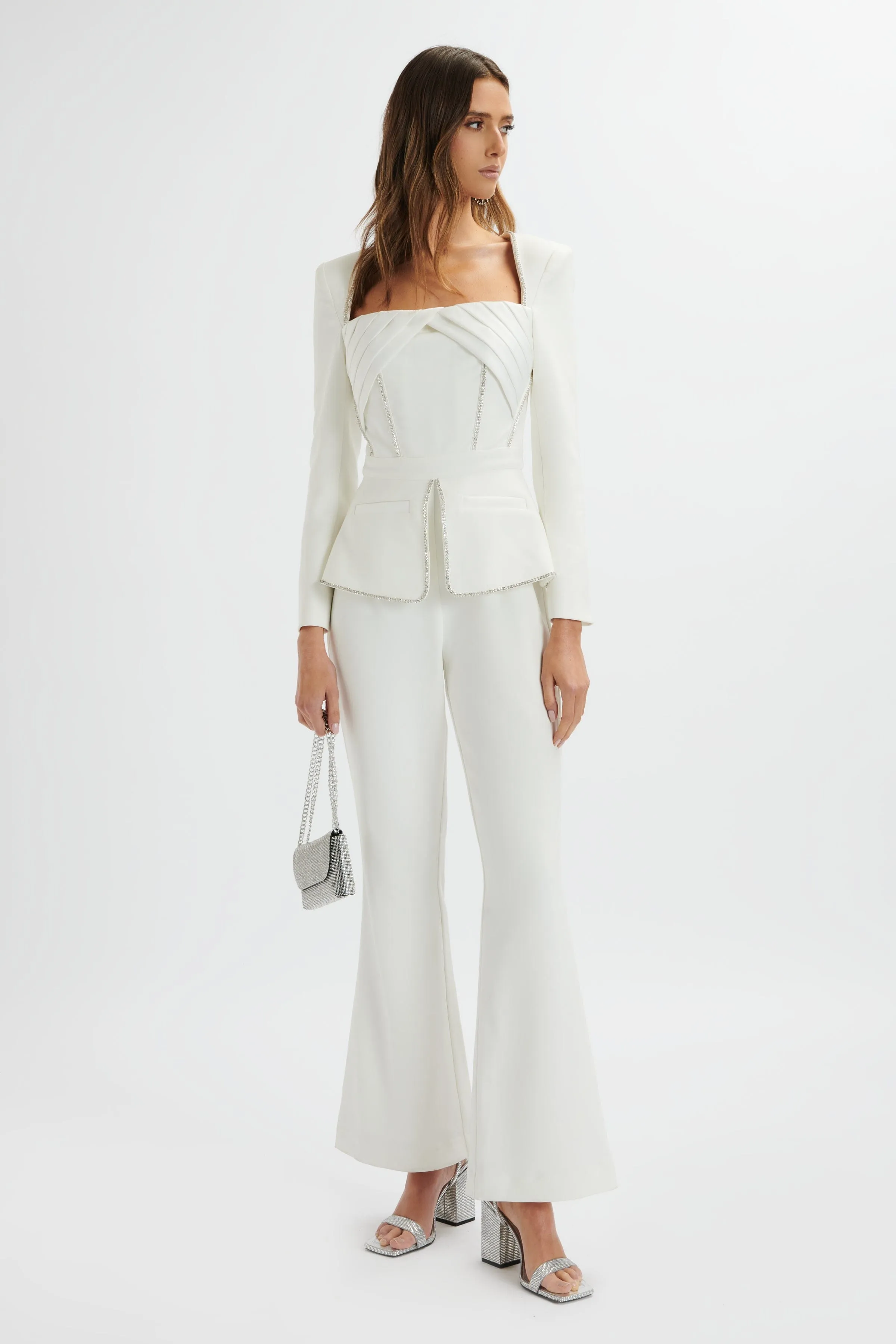 JESSIE Diamante Trim Tailored Jumpsuit In White