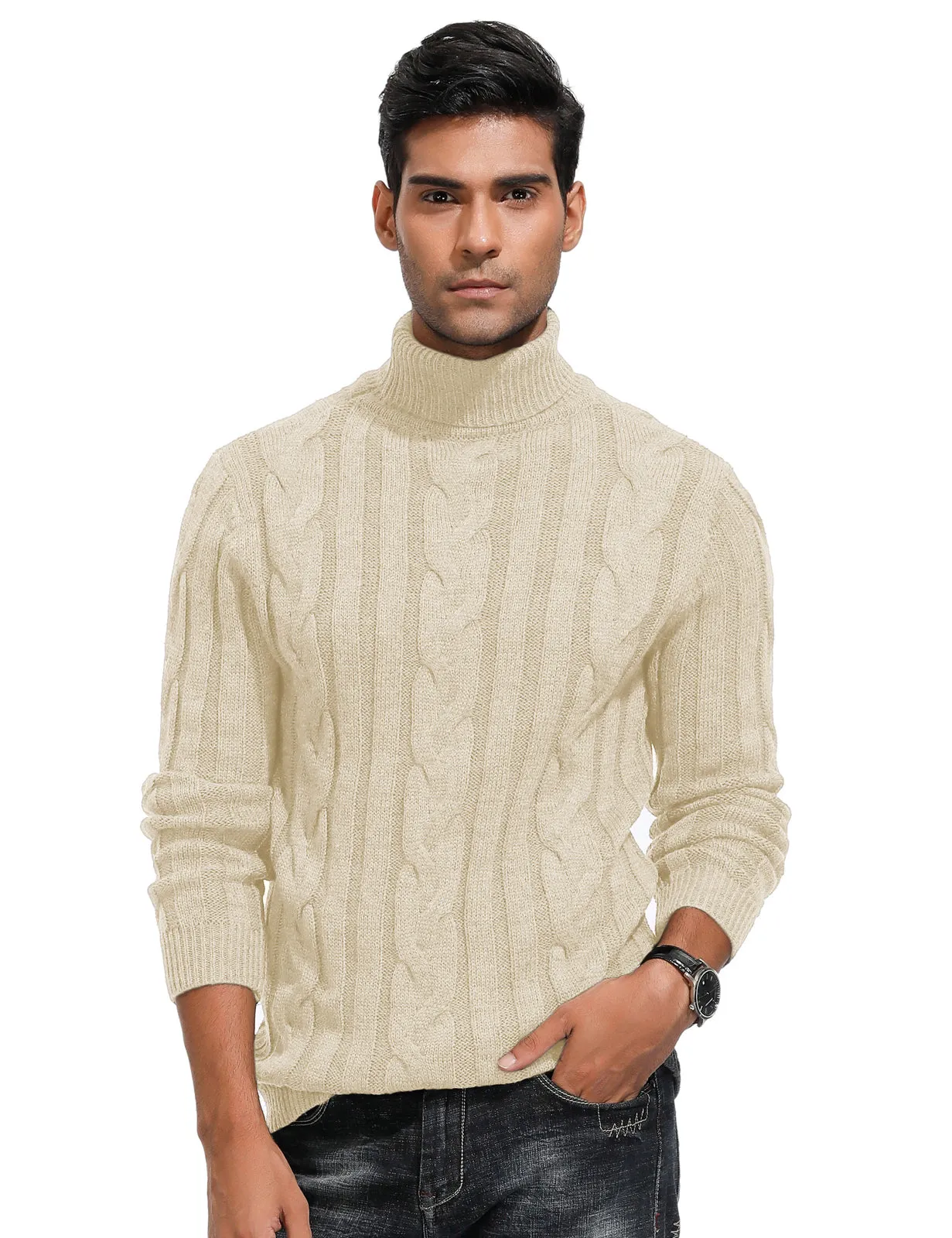 Men's Casual Turtleneck Sweaters Cable Knit Thermal Pullover Sweater