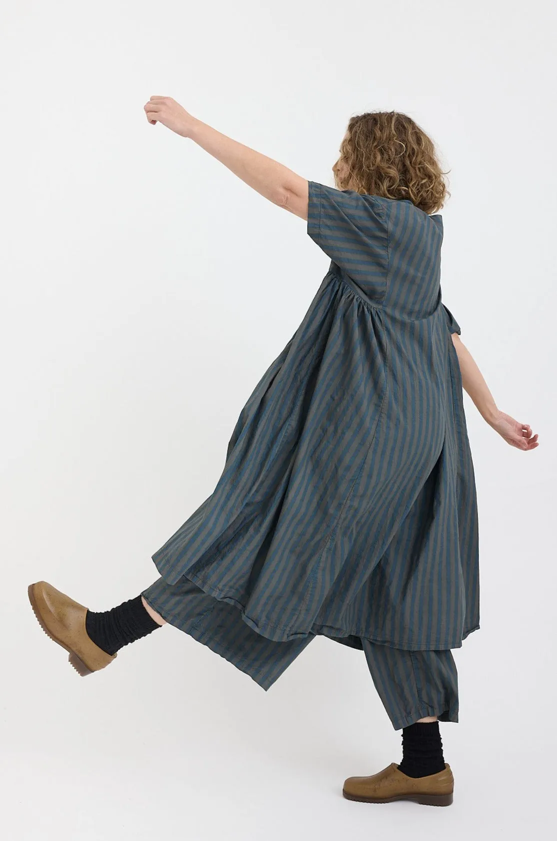 Metta - Holly Dress - Cotton Poplin - Flint Grey Stripe