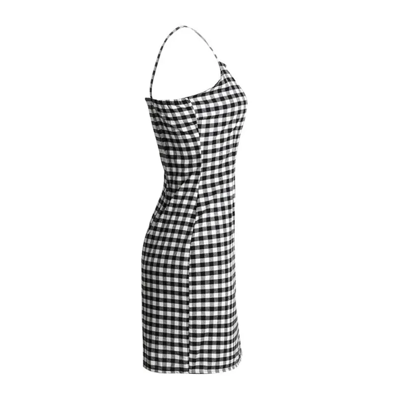 Retro Plaid Straight Neck Gingham Bodycon Dress