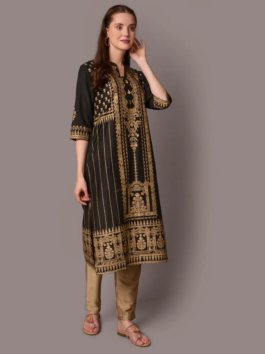 Women Black Mandarin Collar Kurta