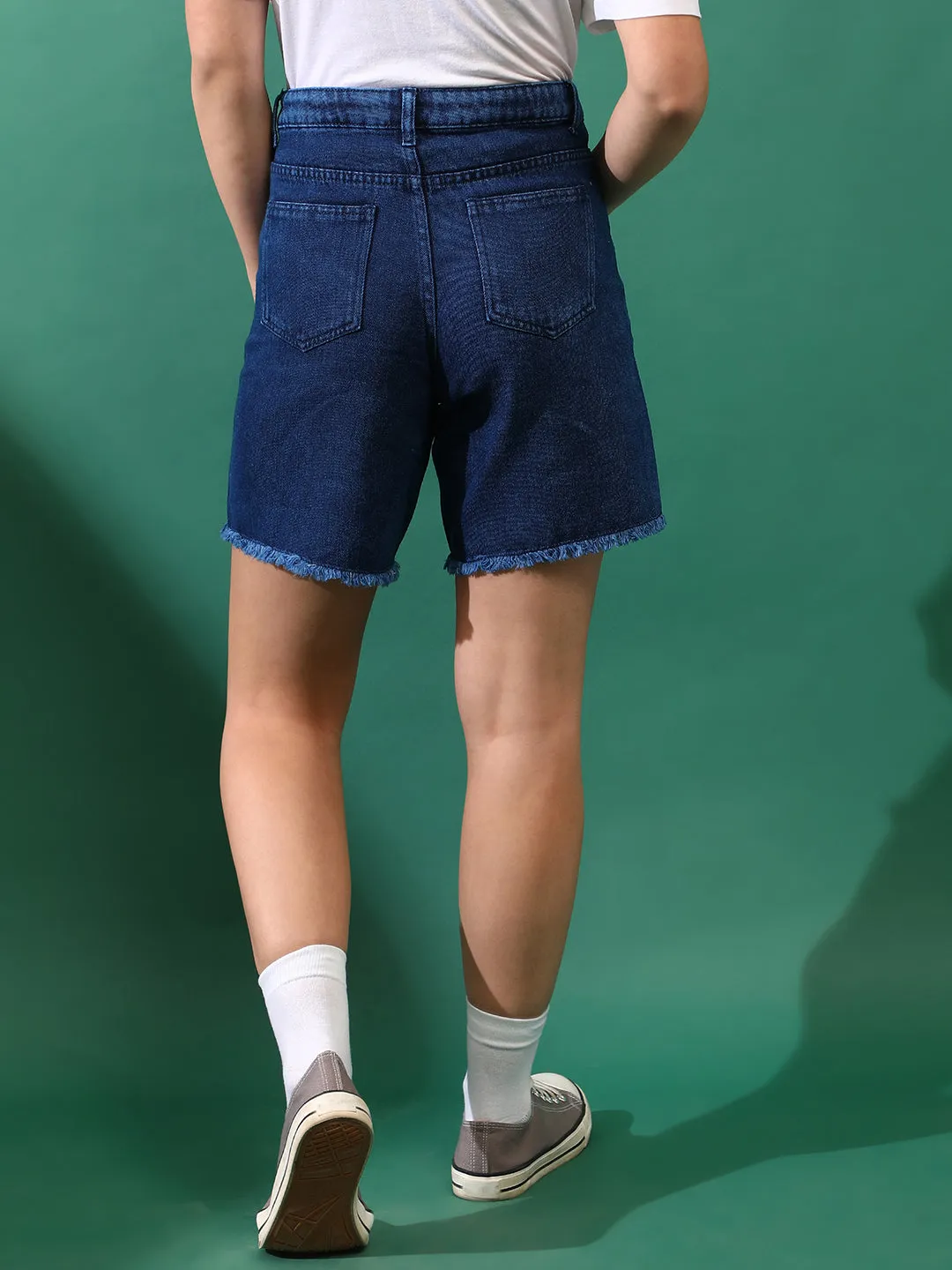 Women Denim Solid Blue Shorts