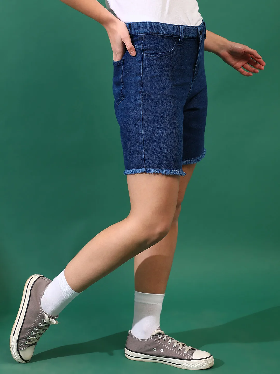 Women Denim Solid Blue Shorts